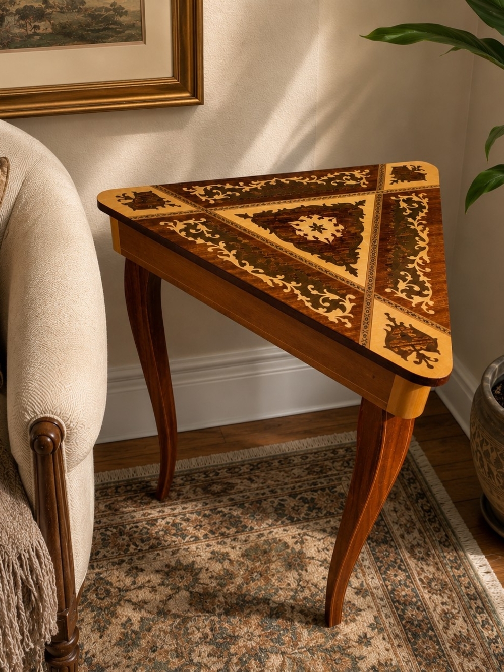 Triangular Musical  Inlaid Wood Accent Table - Ornate Marquetry Made In Italy